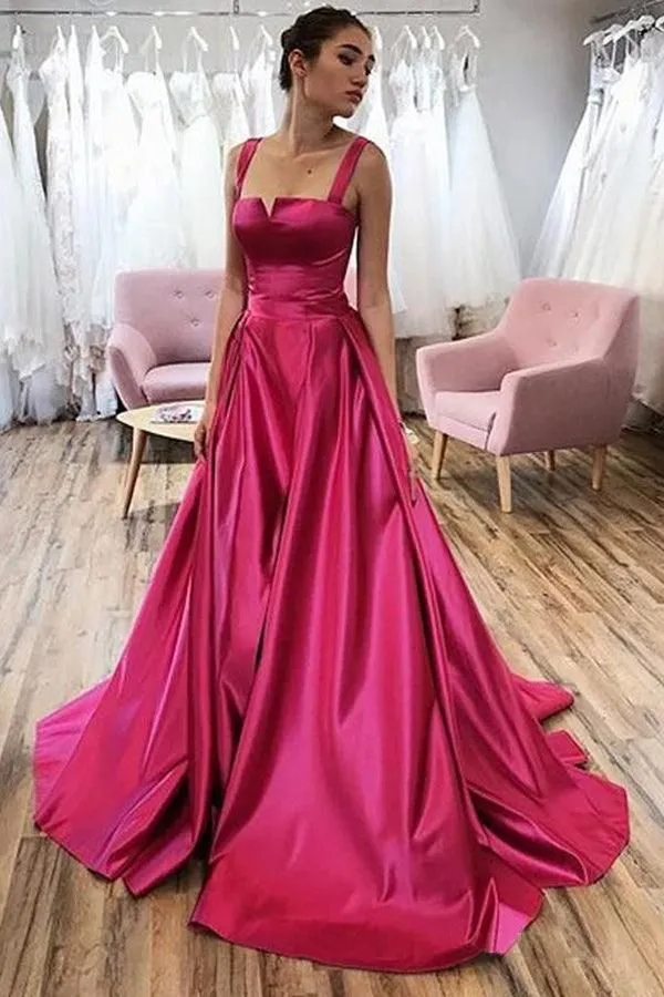 A-line Straps Fuchsia Long Prom Dresses Satin Evening Dress,DP300