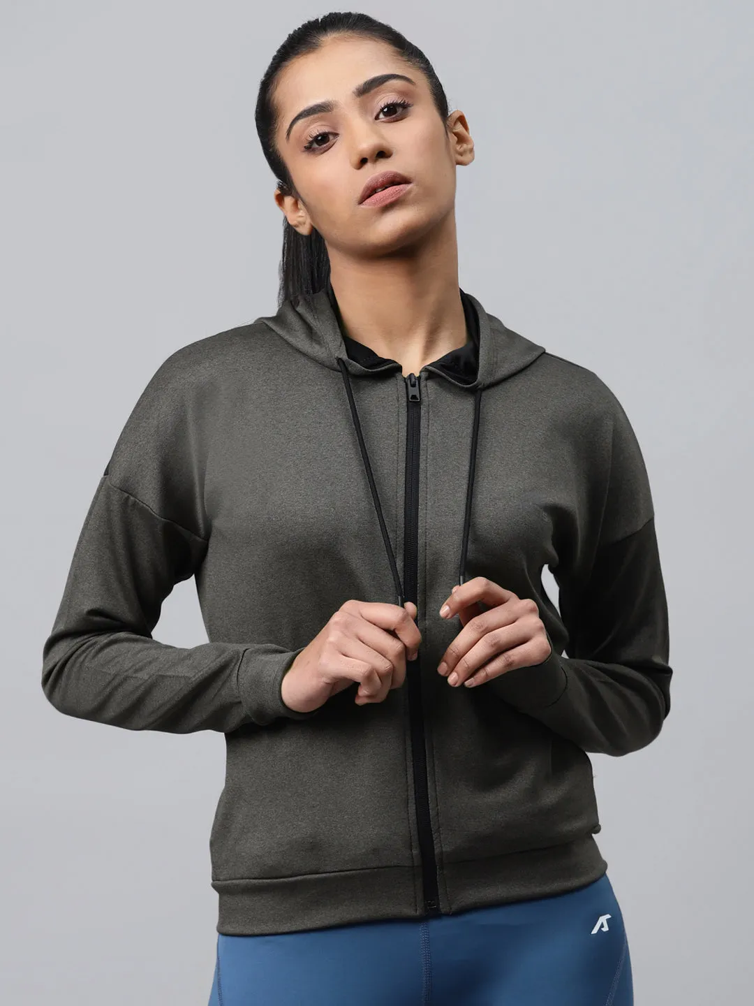 Alcis Women Charcoal Grey Hooded Solid Training Jacket