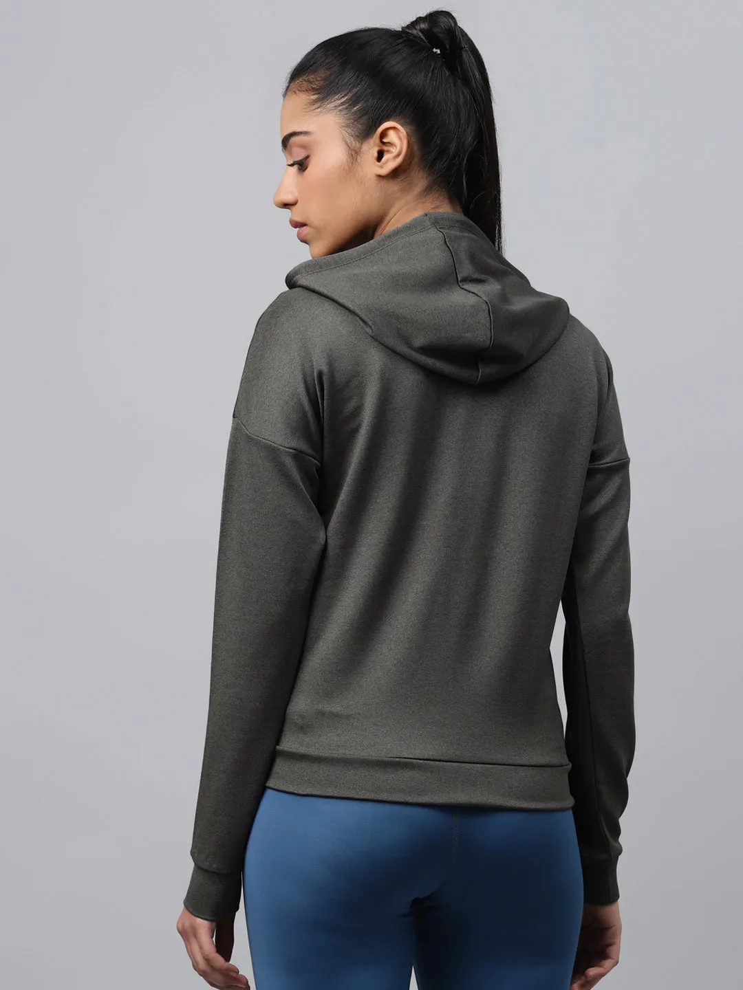 Alcis Women Charcoal Grey Hooded Solid Training Jacket