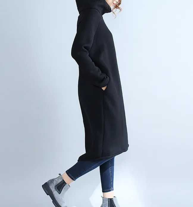 Black High Collar Fleece Loose Fall Dresses Casual Women Dresses SSM97213