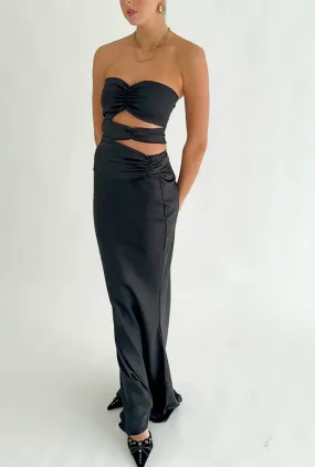 Black Strapless Satin Classy Simple Long Party Dress, DP2630