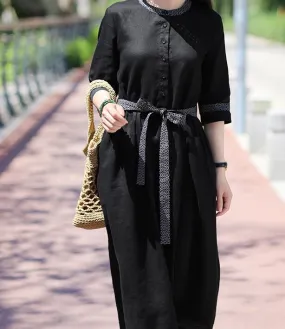 Black Women Dresses Ramie Casual Spring Linen Women Dresses Half Sleeve SSM97215