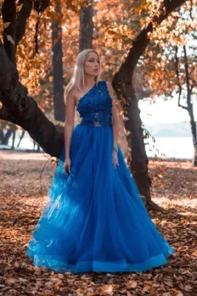 Blue One Shoulder Tulle Appliques Long Prom Dress,DP958