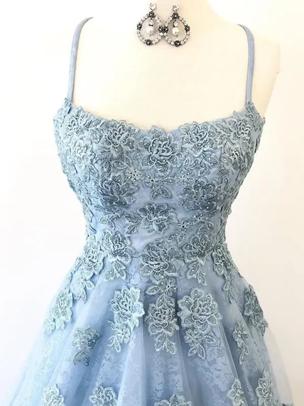 Blue Scoop Neck Light Blue Backless Lace Prom Dresses Lace Formal Evening Dresses,DP427