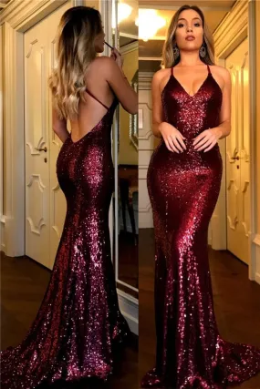 Burgundy Sequins Backless Long Prom Dress Mermaid Evening Dress,DP1364