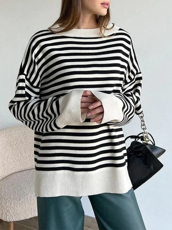 deanwangkt - Stripe Drop Shoulder Slit Loose Sweater