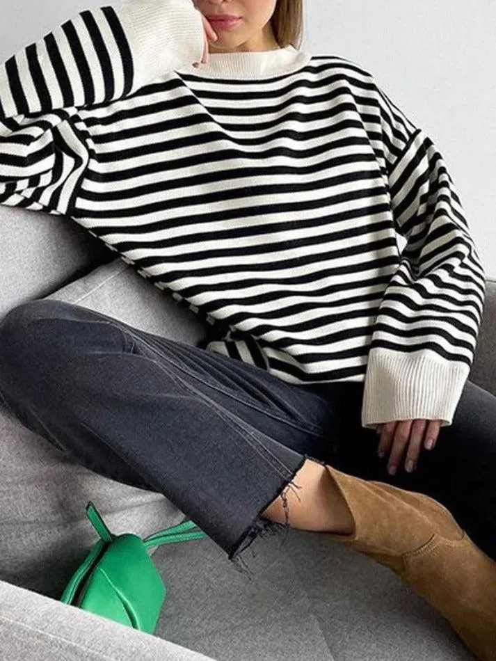 deanwangkt - Stripe Drop Shoulder Slit Loose Sweater