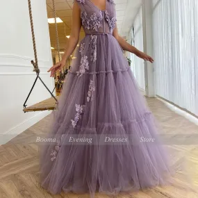 DEANWANGKT V-Neck Purple Prom Dresses Sequin Appliques Exposed Boning A-Line Prom Gowns Sleeveless Tiered Tulle Formal Party Dresses