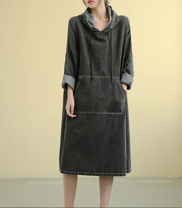 Denim Hooded Dress Autumn Cotton Linen Women Dresses DZA208232