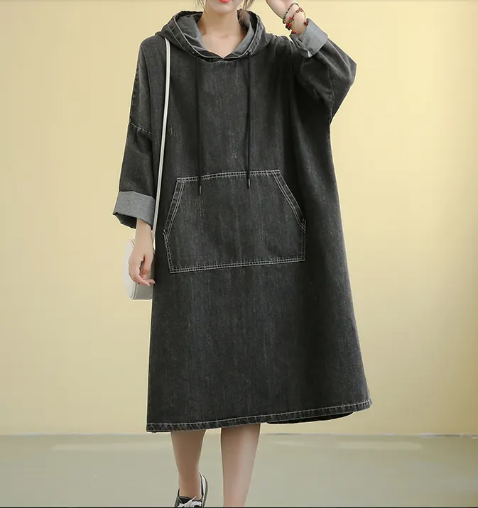 Denim Hooded Dress Autumn Cotton Linen Women Dresses DZA208232