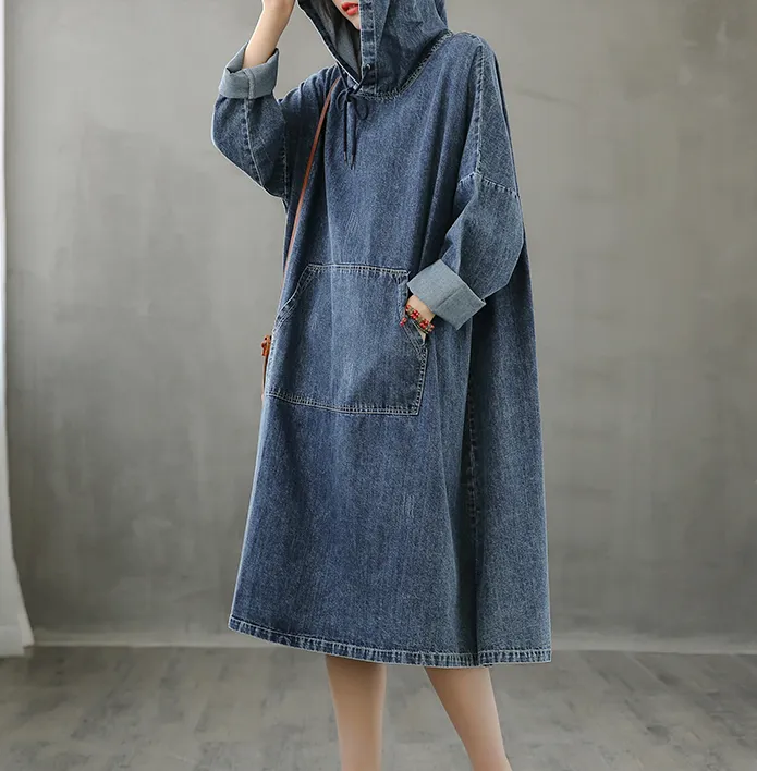 Denim Hooded Dress Autumn Cotton Linen Women Dresses DZA208232