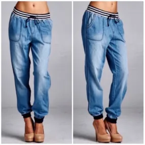 Light Denim Elastic Pull On Waist Jogger Casual Pants Womens