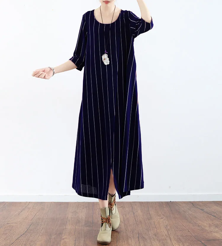 Navy Stripe Slit Summer Midi Women Dresses AMT96236