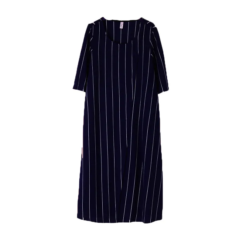 Navy Stripe Slit Summer Midi Women Dresses AMT96236