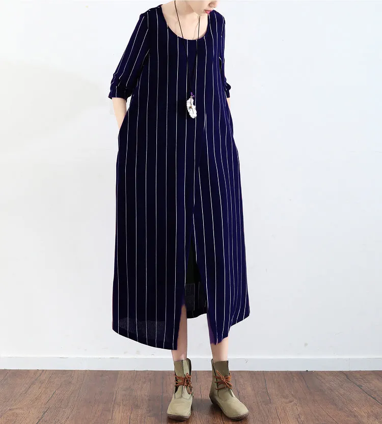 Navy Stripe Slit Summer Midi Women Dresses AMT96236