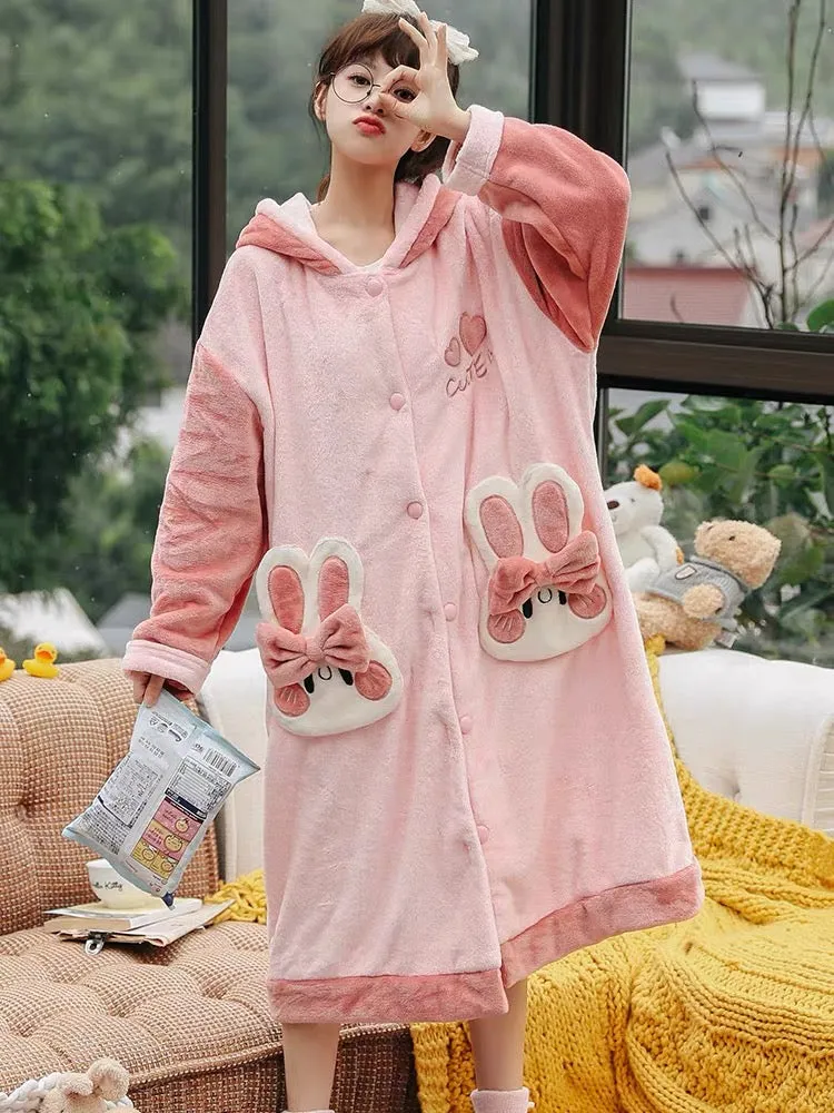 Pink Bunny Cozy Dreamy Winter Sleepwear Nightgown