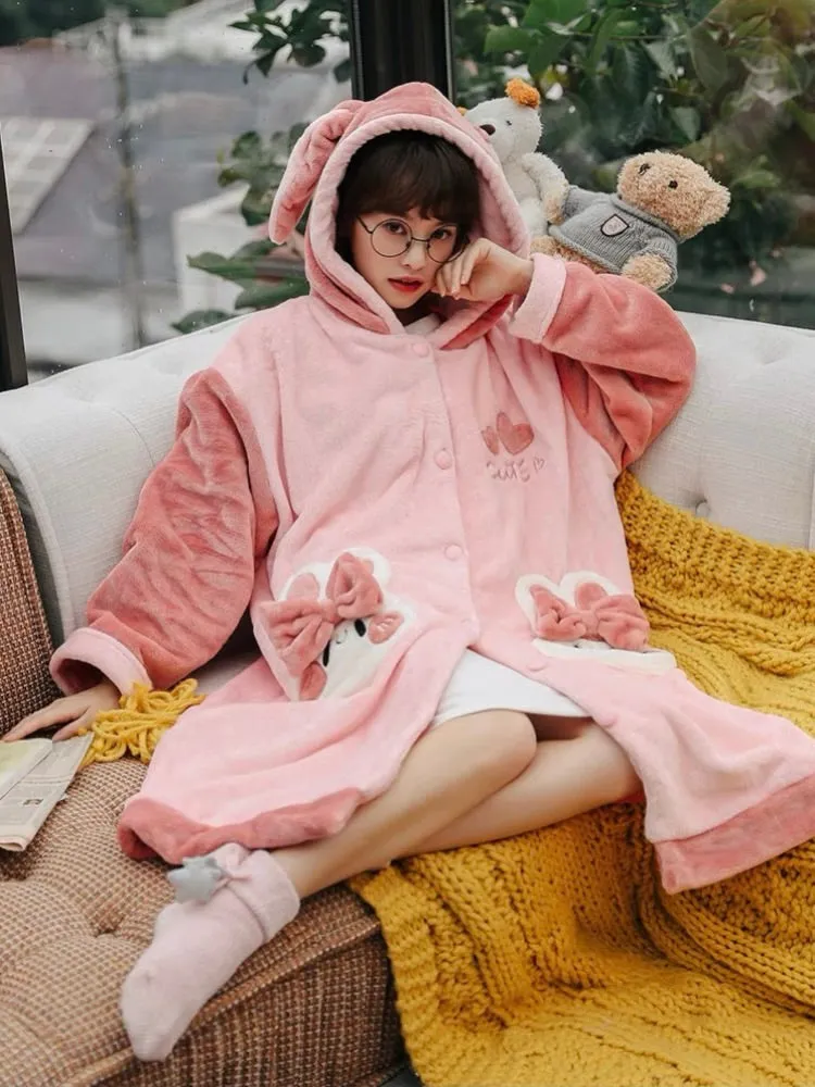 Pink Bunny Cozy Dreamy Winter Sleepwear Nightgown