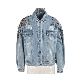 Pre Order:  Rhinestones Embellished Distressed Denim Jacket