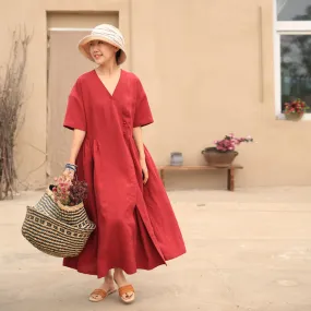 Red Summer Dress Cross Wedding Dress Casual Bridemaid Dress Loose Women Linen GownZ972924