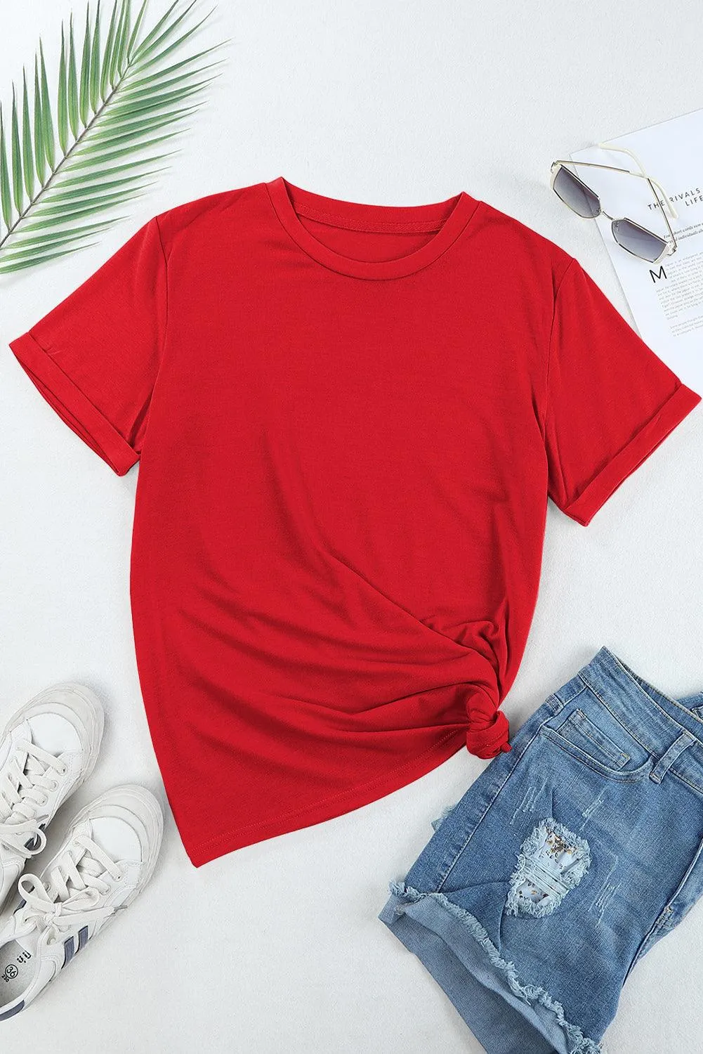 Summer Casual Wear Crew Neck Half Sleeve Solid Red T-Shirt for Women