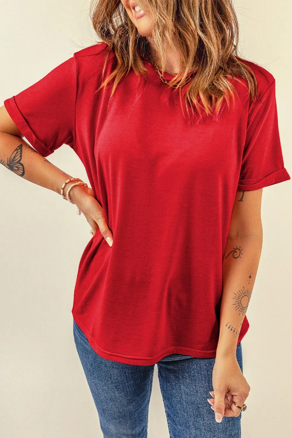 Summer Casual Wear Crew Neck Half Sleeve Solid Red T-Shirt for Women