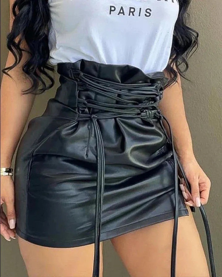 Summer Lace-Up High Waist Pu Leather Nightclub Sexy Mini Pencil Skirt